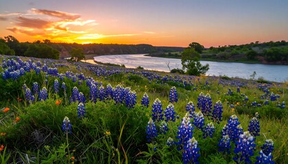 Vibrant sunset over a river valley blanketed in wildflowers