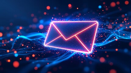 Email marketing concept neon glowing envelope digital communication newsletter subscription promotion strategy