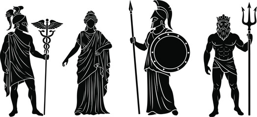 Hermes, demeter, Hera Athena and Poseidon Greek mythology god and goddess greek mythology figures. Greek sky god, aphrodite, goddess sculpture vector illustration. 