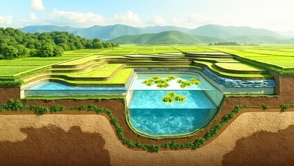 Terraced landscape patterns between mountains and rivers