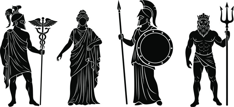 Hermes, demeter, Hera Athena and Poseidon Greek mythology god and goddess greek mythology figures. Greek sky god, aphrodite, goddess sculpture vector illustration. 