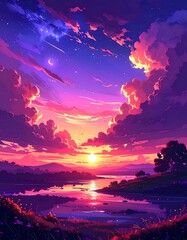Vibrant sunset over a tranquil lake, painted in a stylized digital art style