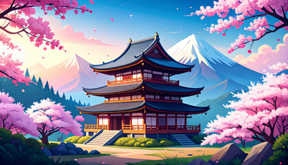 Japanese Temple with Cherry Blossoms