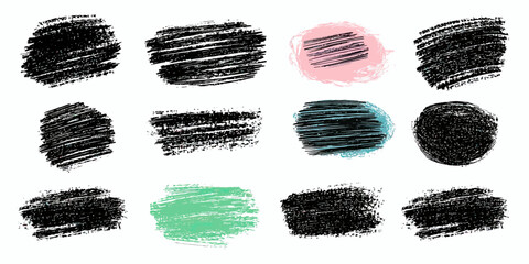 Set of hand drawn rough scribble and brush stroke textures with black and pastel pink and green color accents on white background for design elements and creative art projects vector illustration