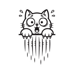 Funny cartoon cat hanging and scratching wall with claws, cute naughty kitten character, simple black and white line art vector illustration.
