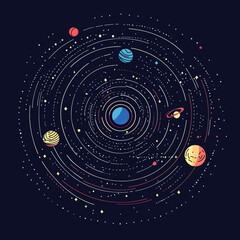 Colorful abstract vector illustration of solar system planets orbiting around a central star on dark background with starry space elements in minimalist flat style