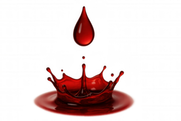 Red blood drop forming a splashing crown impact, creating a ripple wave on transparent background