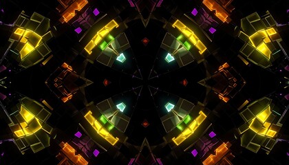 Kaleidoscopic Abstract - Geometric Shapes and Vibrant Colors in a Dark Space.