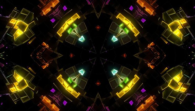 Kaleidoscopic Abstract - Geometric Shapes and Vibrant Colors in a Dark Space. - Powered by Adobe