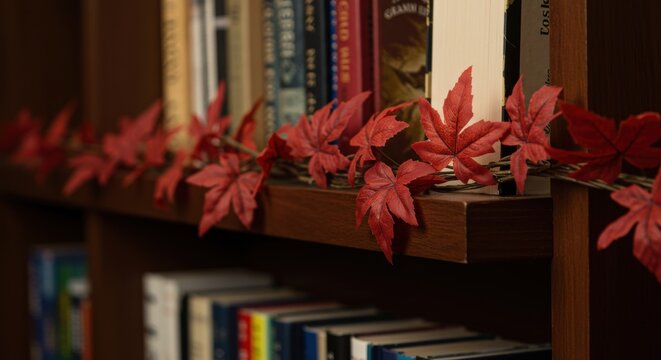 Warm-toned bookshelf scene with a garland of red maple leaves draped along a wooden shelf edge above neatly arranged hardcover books, soft lighting creating cozy autumnal ambiance. subtle amber glows