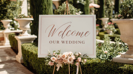Beautiful wedding welcome sign displayed in a garden setting with greenery and flowers during a sunny day