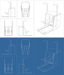 Technical line drawing blueprint of a Pilates split pedal stability chair with adjustable handles