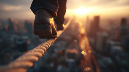 High wire walking at sunset over a city skyline, showcasing balance and determination
