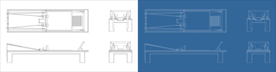 Vector blueprint illustration of a Pilates reformer machine viewed from top, front, and side elevations