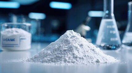 Chemical powder in laboratory setting with beakers and glassware during a research experiment