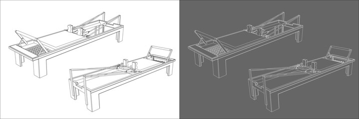 Detailed vector line drawing illustration of a Pilates reformer machine in isometric perspective