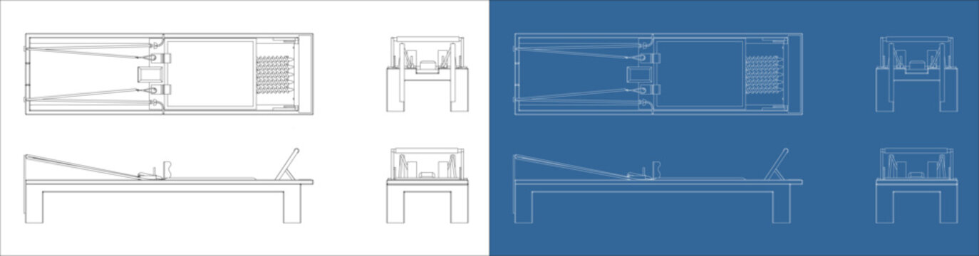 Vector blueprint illustration of a Pilates reformer machine viewed from top, front, and side elevations