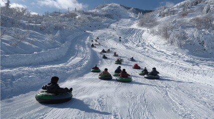 Winter tubing fun at a snowy hillside in a scenic mountain location during a bright afternoon with clear skies