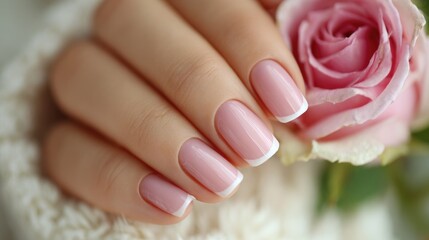 Beautifully manicured nails with a soft pink polish and white tips beside a fresh rose flower