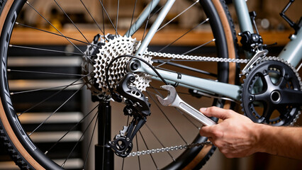 Obraz premium Close up hand of male mechanic working in bicycle repair shop, repairing broke bike