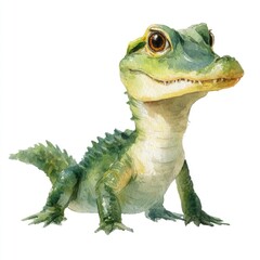 Obraz premium Watercolor illustration of a whimsical cartoon lizard character with big eyes and vibrant green skin