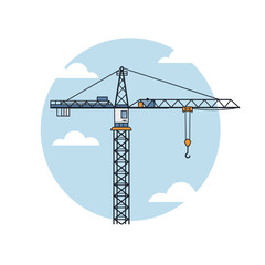 Construction crane with hook against blue sky background  