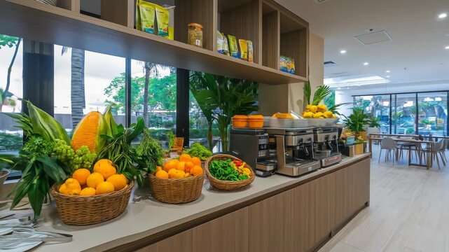 Fresh fruit and vegetable display in a modern dining hall setting