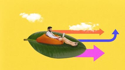 Bright artwork. Relaxed businessman on beanbag floating on leaf with colorful arrows and yellow background. Concept of remote workflow, business growth, creativity, and lifestyle freedom.