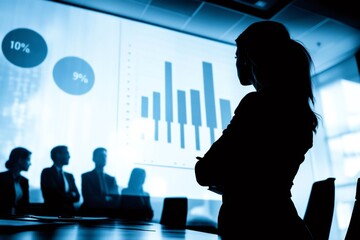 Silhouette of presenter facing a screen displaying bar graphs and percentage charts to a group of meeting attendees