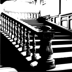 Obraz premium Elegant Staircase Silhouette: An enchanting monochrome perspective highlights the intricate details of a wooden staircase with ornate railings and classic balusters.