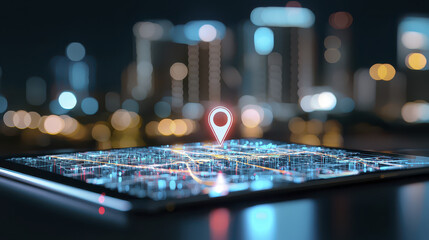 Digital city map displayed on tablet with location pin, showcasing urban landscape and technology at night
