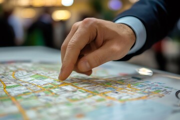 Naklejka premium Business person's hand pointing at a detailed city map, planning new locations and market routes for growth