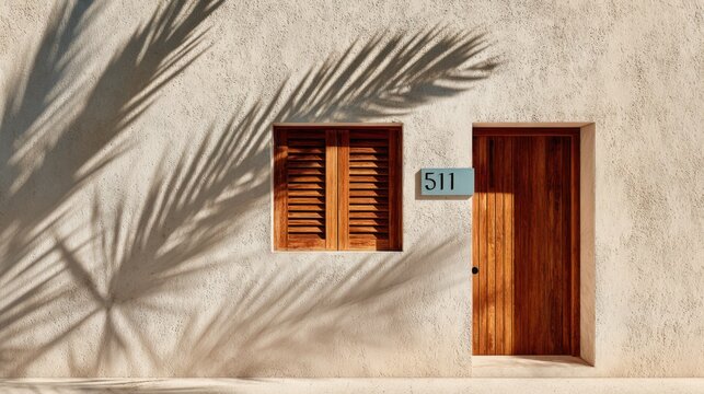 Beautiful sunlight casts shadows of palm leaves on textured wall of room 511 in a tropical setting