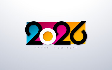 Happy New Year 2026 Logo Design with Paper Cutting Number and Colorful Elements on White Background. Christmas Holiday Greeting Card Illustration with Typography Lettering for Calendar, Flyer, Banner