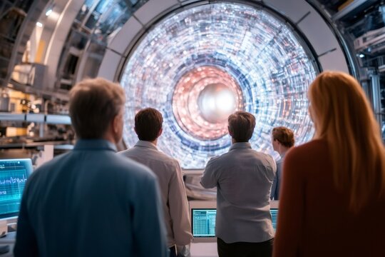 Researchers standing in a modern laboratory, looking at a futuristic glowing particle accelerator, analyzing data on computer screens