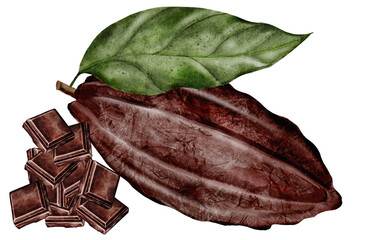 Cocoa bean and a piece of chocolate watercolor. Hand-drawn cocoa fruit on a white background. Food clip art. Ideal for packaging chocolate and cocoa powder.