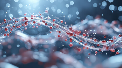 Dynamic medical concept with glowing red particles and flowing strands, representing health and vitality