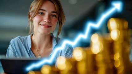 Happy businesswoman holding tablet with stacks of coins and growth chart, symbolizing financial success and career growth - Powered by Adobe