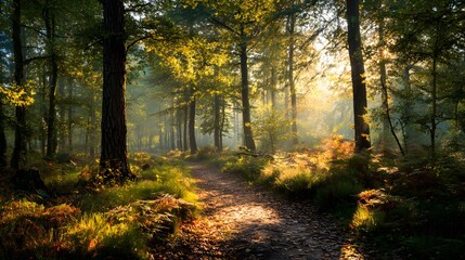 Obraz premium Forest path illuminated by sunlight filtering through the trees, creating a dreamy and serene atmosphere, inviting exploration into nature's beauty.