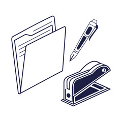 Isometric Office Stationery Vector Icon Folder Pen Stapler Line Art Business Organization Supplies