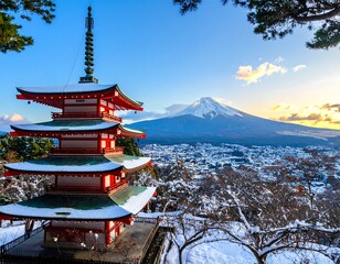 Snowy Japanese Pagoda with Mt. Fuji