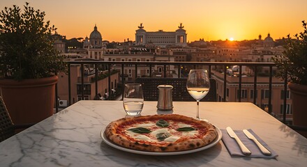 Indulge in authentic Italian pizza with wine at sunset overlooking the stunning Rome skyline from a rooftop terrace, creating a perfect evening ambiance