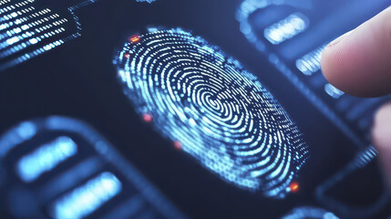 Close up view of digital fingerprint scanner showcasing intricate patterns and technology. image conveys sense of security