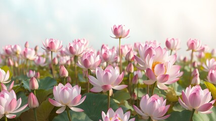 Obraz premium A field of delicate pink lotus flowers blossom with bright yellow centers under a soft, muted sky in a tranquil and peaceful natural setting outside today.