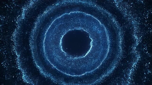 A mesmerizing, abstract digital rendering, showcasing radiant concentric rings of sparkling, blue particles
