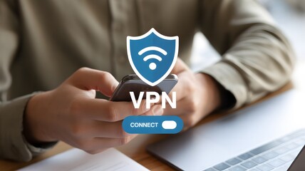 VPN Virtual private network concept. Encrypted connection for anonymous internet user. Businessman connecting VPN application on smartphone.