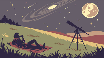 Dreamy stargazing adventure unfolds under the moonlit sky, capturing cosmic wonder and tranquil exploration. A modern, evocative vector scene