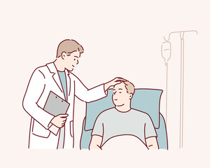 Hospital doctor checking male patient temperature in bed medical care hand drawn style vector design illustrations.