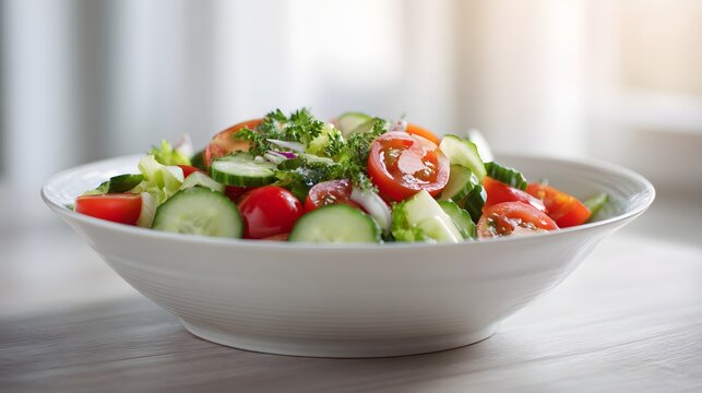 Freshly prepared vibrant salad composed of ripe cherry tomatoes, crisp cucumbers, and other fresh vegetables, served in a white bowl, illuminated by natural sunlight, portraying healthy eating and...