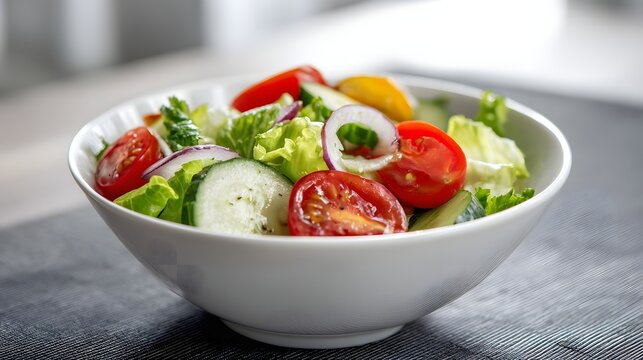 Freshly prepared colorful salad served in a white ceramic bowl, featuring vibrant red tomatoes, green cucumbers, crisp lettuce, sliced red onions, and hints of yellow, ready for a healthy meal.